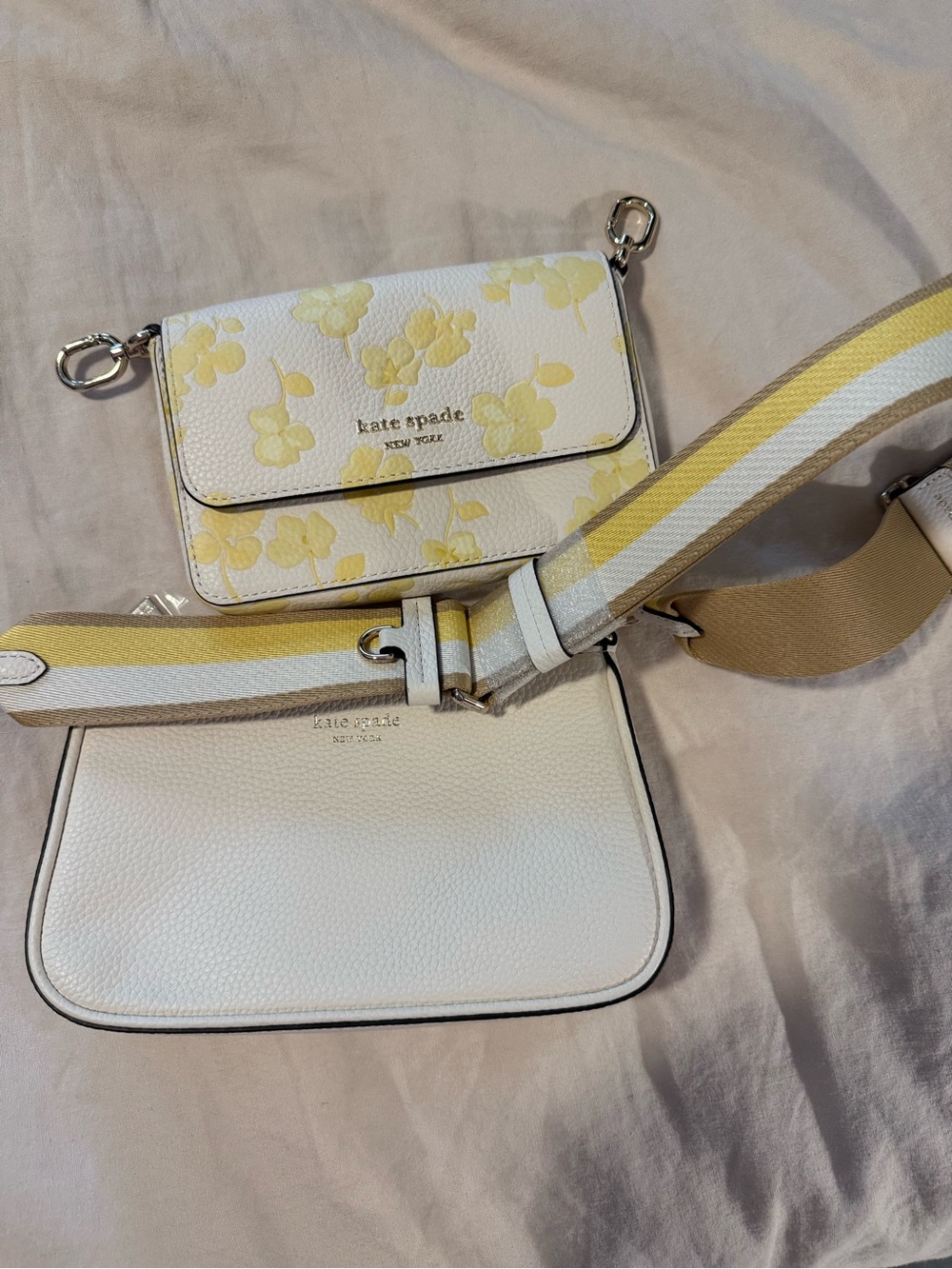 Kate Spade White and Yellow Floral Leather Double Crossbody Bag Set: Never Used